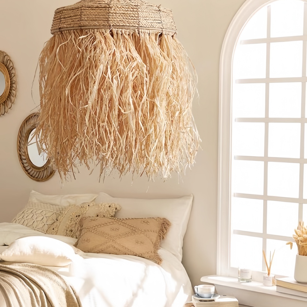 Bohemian Raffia Tassel Pendant Light Boho Coastal Living Room Lighting