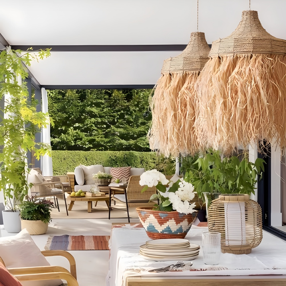 Bohemian Raffia Tassel Pendant Light Boho Coastal Living Room Lighting