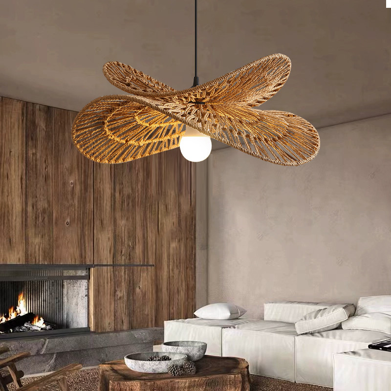 Vintage Handmade Rattan Woven Creative Double-Layer Straw Hat Pendant Light