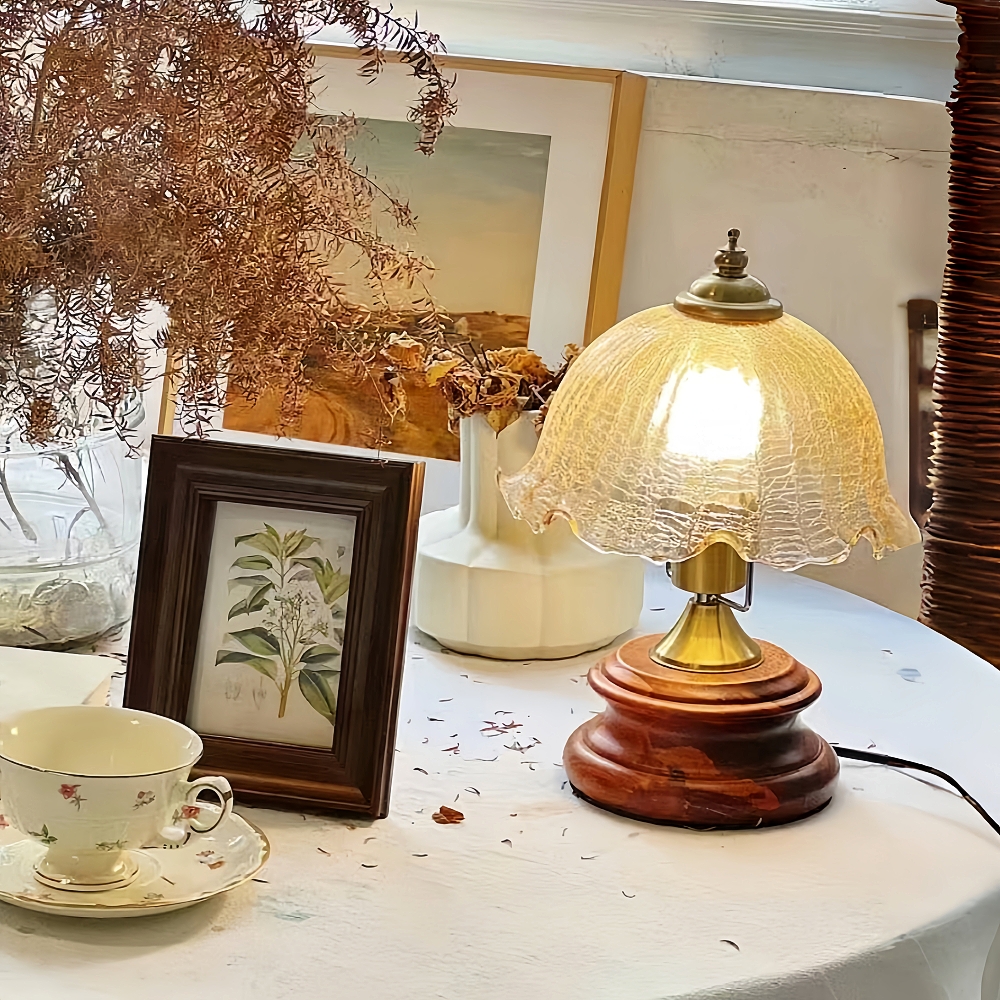 Vintage French Style Floral Glass Table Lamp Solid Wood Bedside Lamp