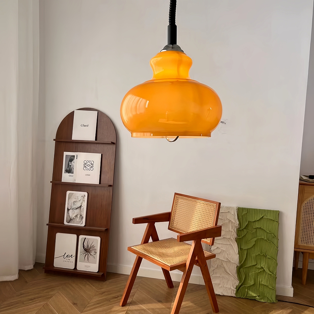 French Retro Cream Style Gourd Shaped Glass Art Pendant Light