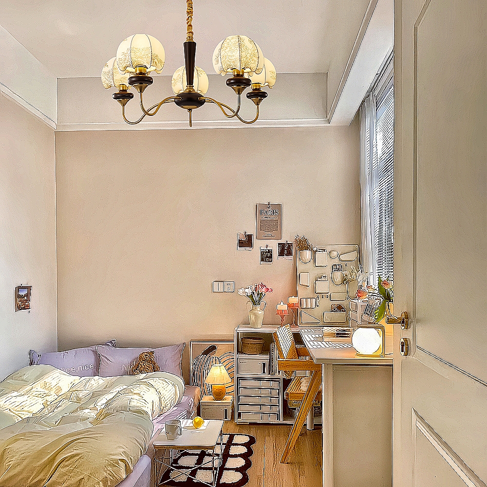 French Retro Style Fabric Patterned Walnut Multi Headed Pendant Light