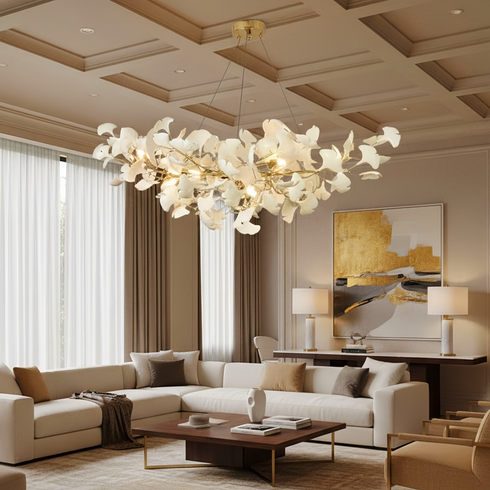 French Ceramic Ginkgo Leaf Chandelier Vintage Art Decor Light