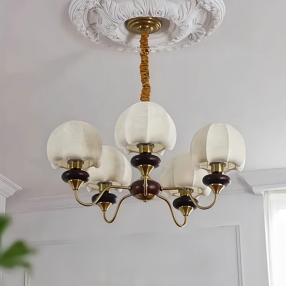 Nanyang Retro Style Fabric Patterned Walnut Multi Headed Pendant Light