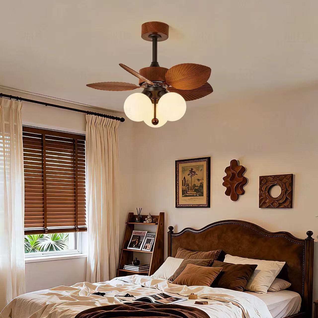 Midcentury Retro Palm Leaf Chandelier Fan Light with Wood Blades