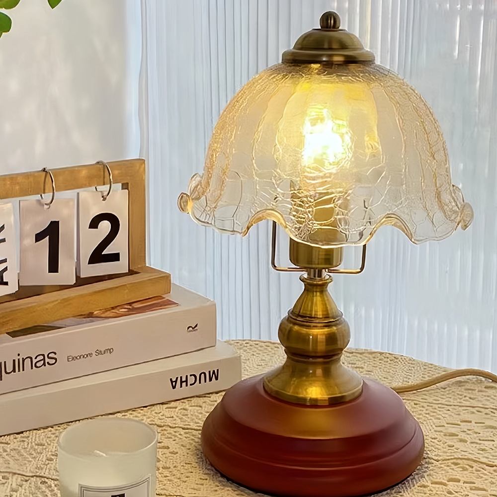 Vintage French Style Floral Glass Table Lamp Solid Wood Bedside Lamp