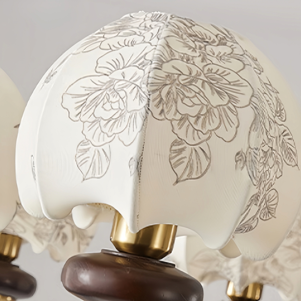 Nanyang Retro Style Fabric Patterned Walnut Multi Headed Pendant Light