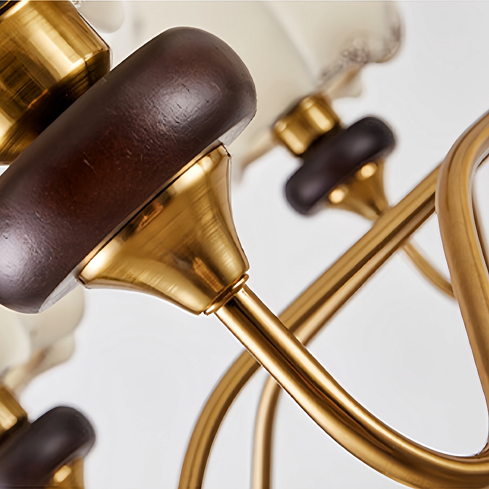 Nanyang Retro Style Fabric Patterned Walnut Multi Headed Pendant Light