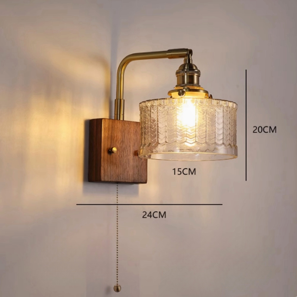 Japanese Retro Walnut Base Glass Brass Wall Lamp