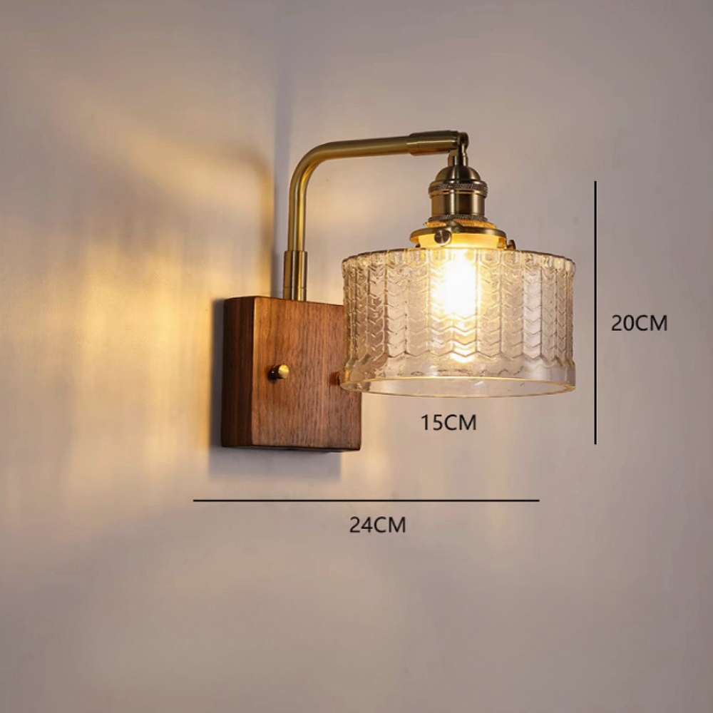 Japanese Retro Walnut Base Glass Brass Wall Lamp