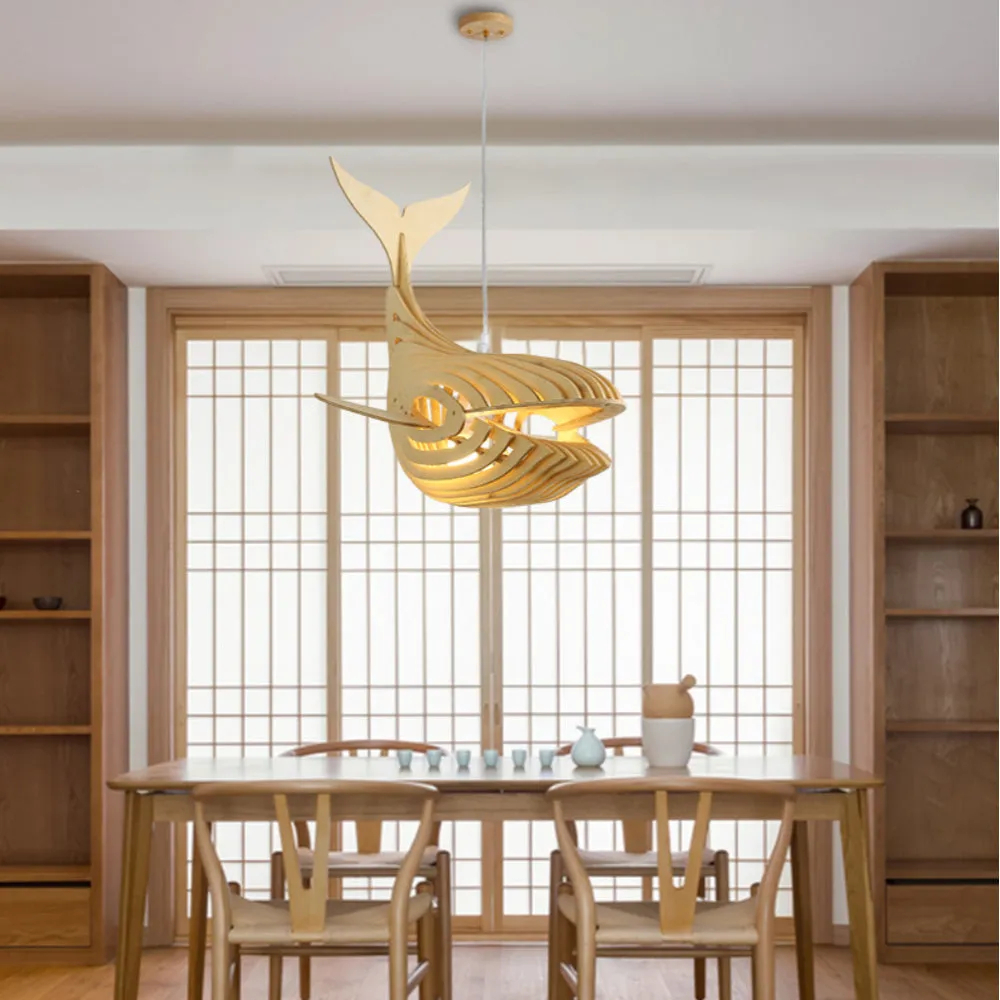 Creative Solid Wood Whale Chandelier Personalized Decorative Fish Shaped Chandelier