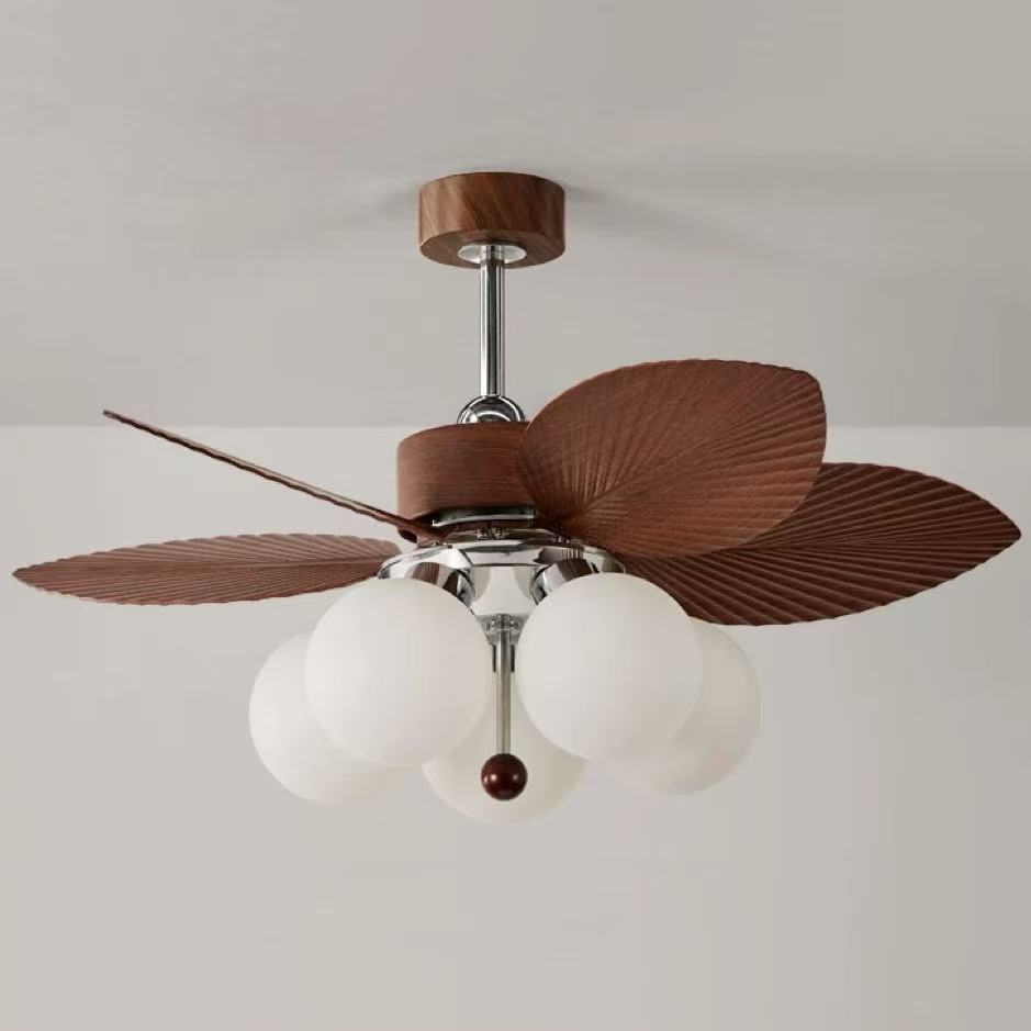Midcentury Retro Palm Leaf Chandelier Fan Light with Wood Blades