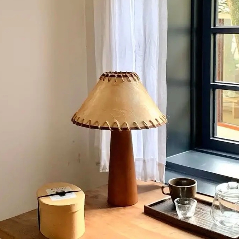 Mid-Century Vintage Dark Solid Wood Parchment Table Lamp