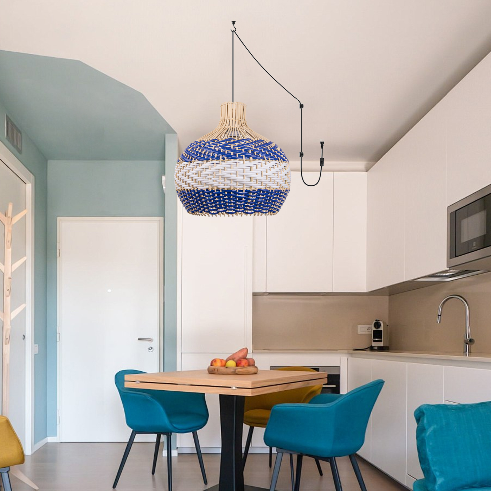 Rattan Pendant Light for Dining Room Japanese Style Blue Woven