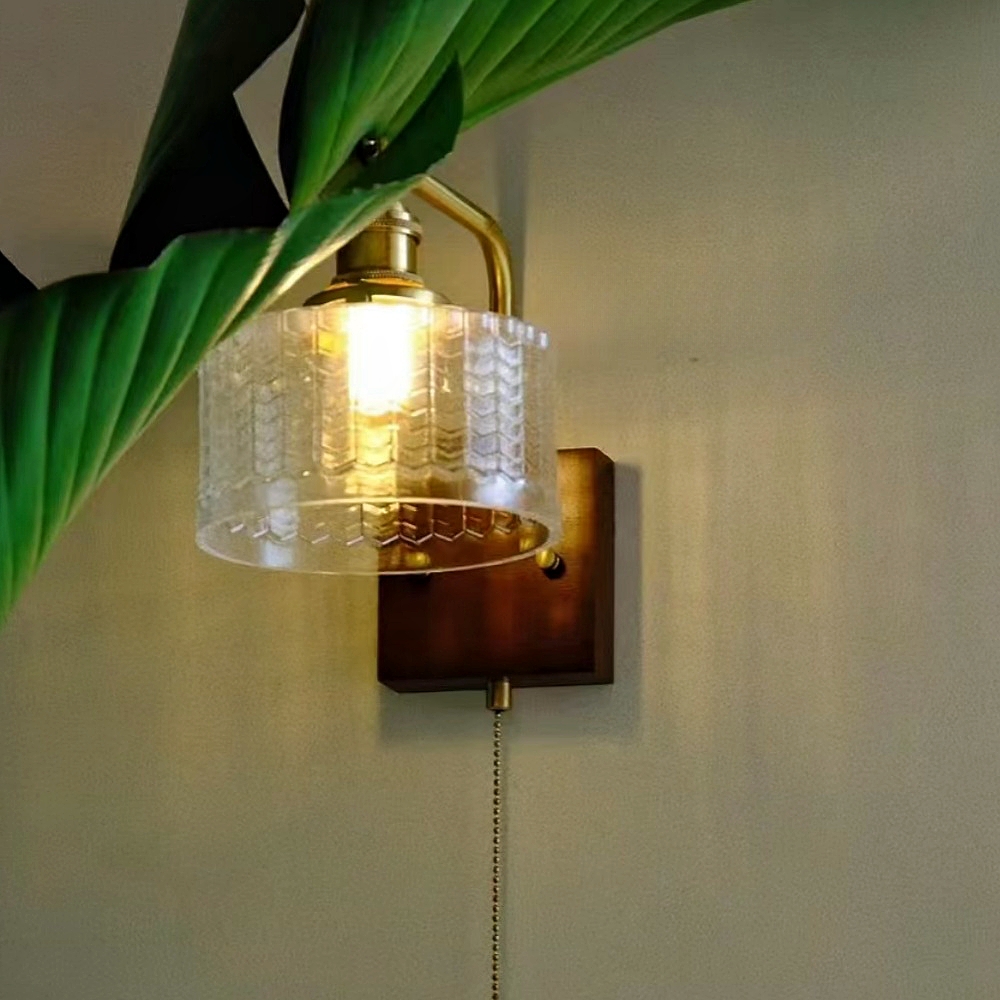 Japanese Retro Walnut Base Glass Brass Wall Lamp