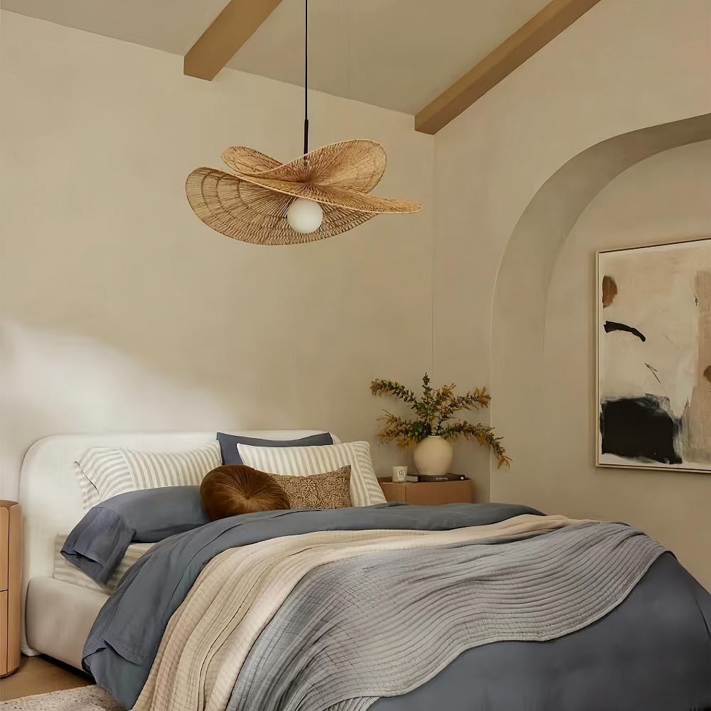 New Chinese Style Retro Rattan Art Double Layered Straw Hat Pendant Light