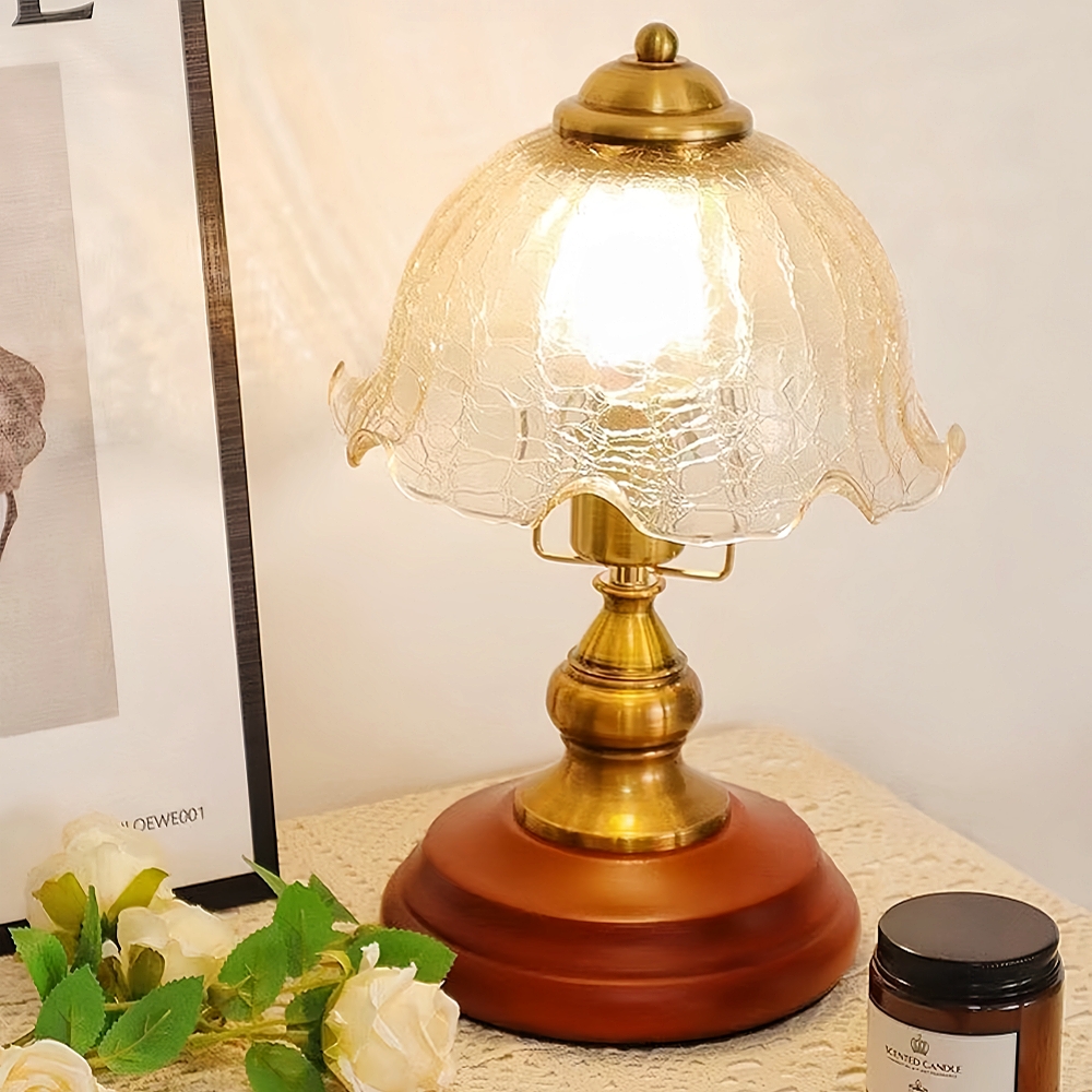 Vintage French Style Floral Glass Table Lamp Solid Wood Bedside Lamp