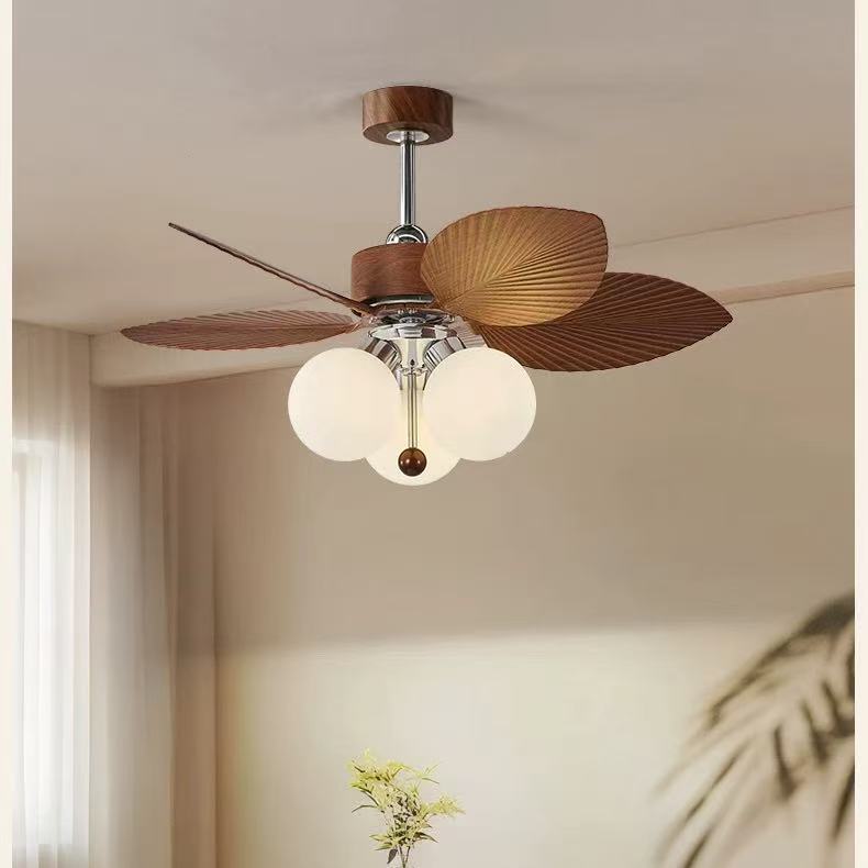 Midcentury Retro Palm Leaf Chandelier Fan Light with Wood Blades
