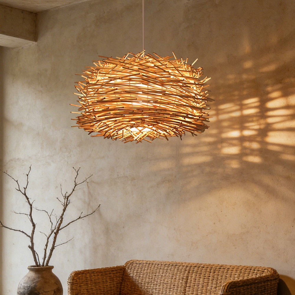 Artisanal Twig Weave Sphere Pendant Rustic Natural Glow