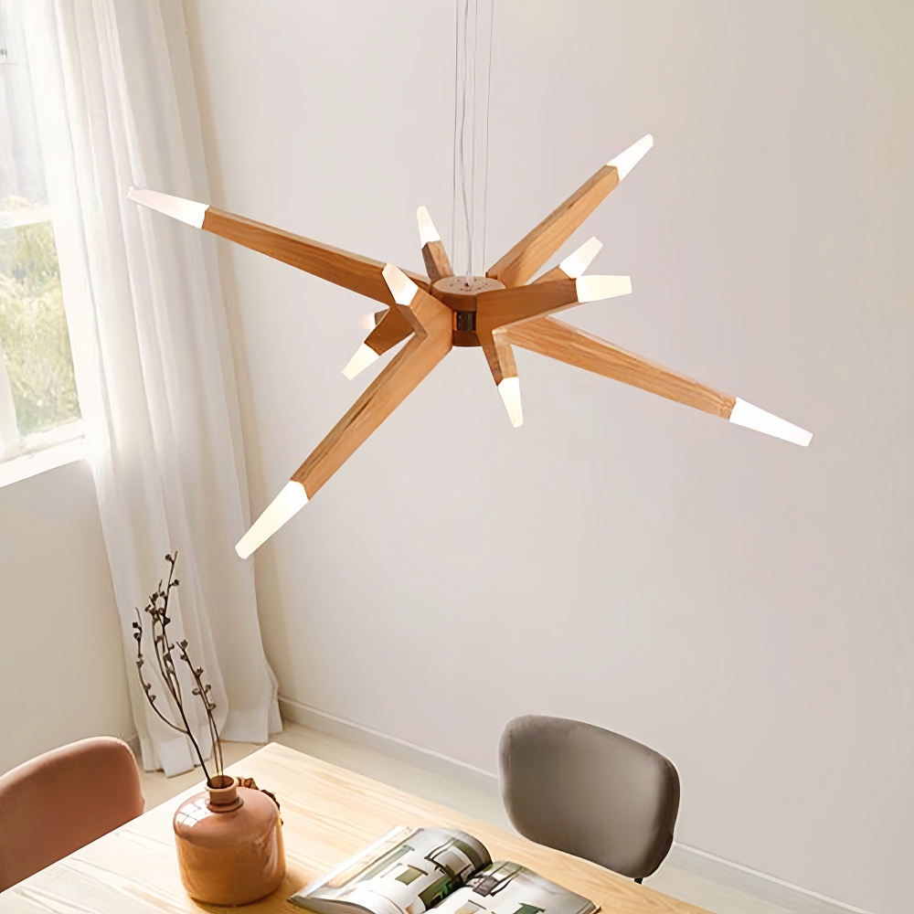 Nordic Geometric Wood Angular Star Chandelier with Frosted Light Ends