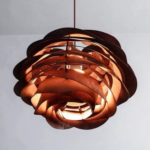 Wabi Sabi Artisanal Retro Rose Shape Solid Wood Pendant Light