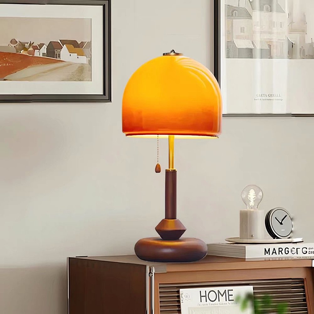 Vintage Glass-Decorated Solid Wood Sunset Table Lamp