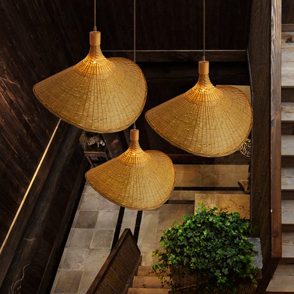 Farmhouse Bamboo Pendant Light Wicker Straw Hat Basket Weave Light Fixture
