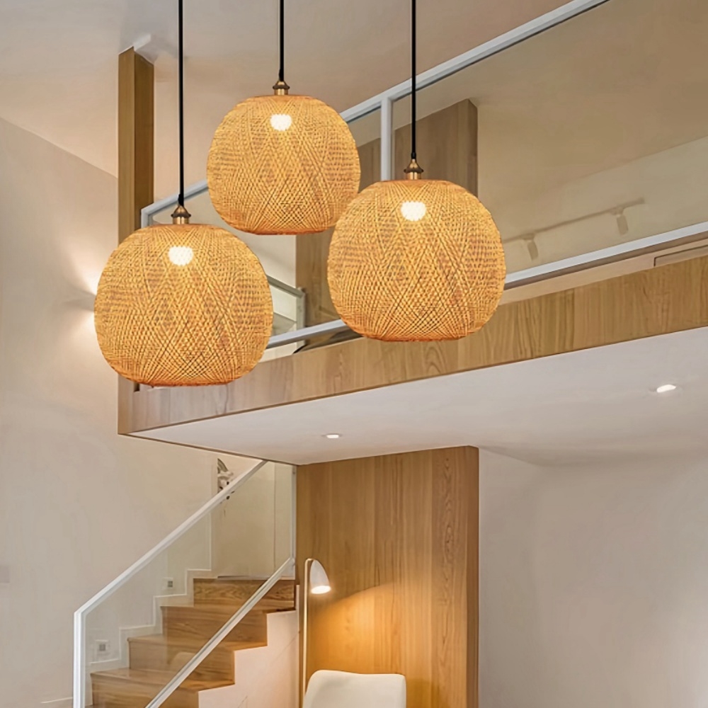 Retro Rattan Bamboo Pendant Lights Hand Woven Spherical Stairwell Lighting