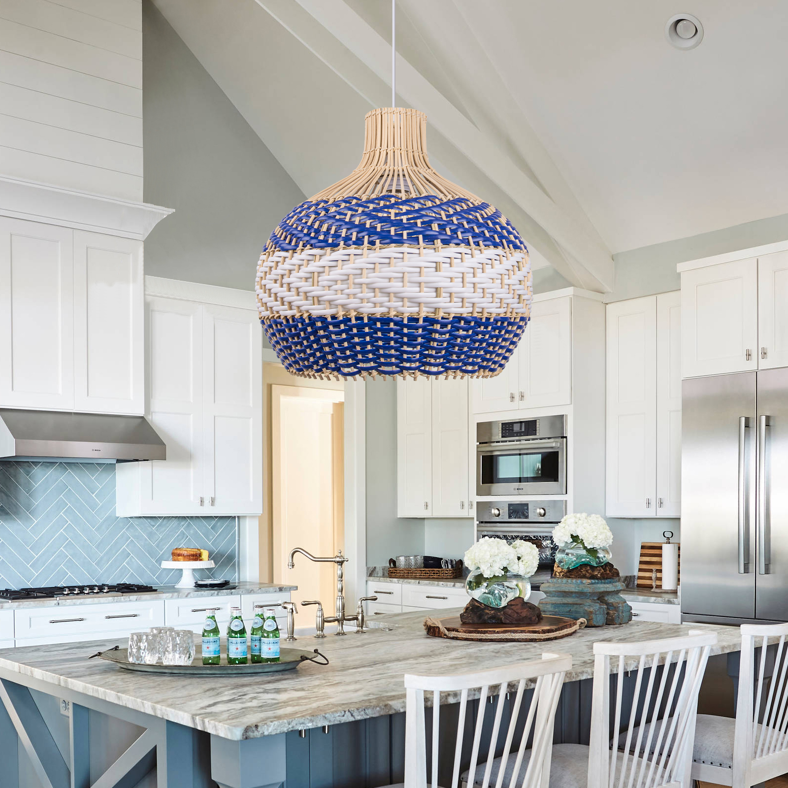Rattan Pendant Light for Dining Room Japanese Style Blue Woven