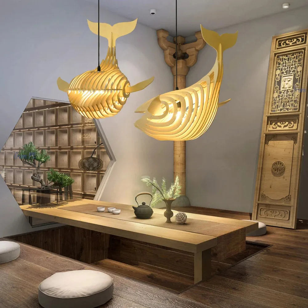 Creative Solid Wood Whale Chandelier Personalized Decorative Fish Shaped Chandelier