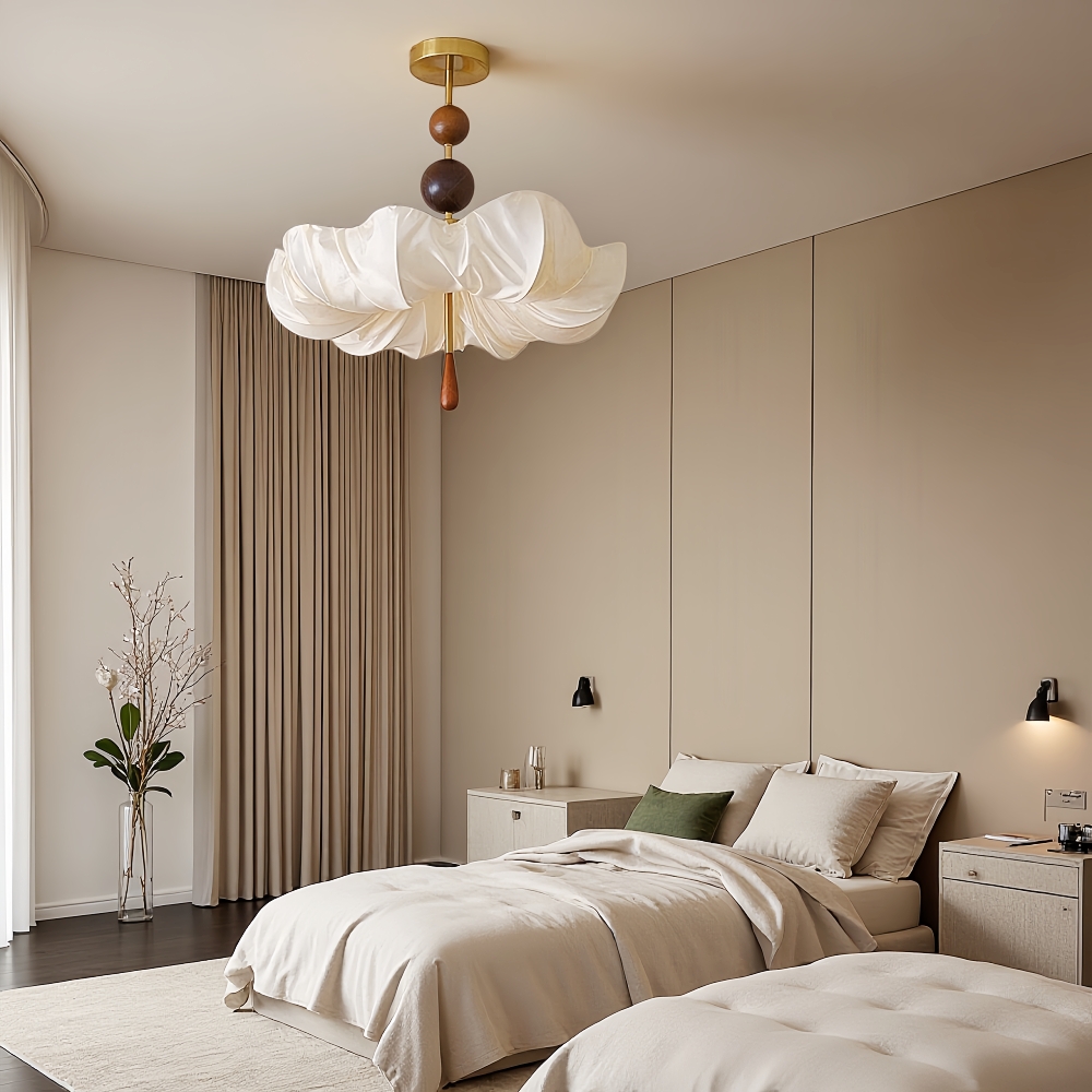 Retro Cream Aesthetic Restaurant Semi-Flush Mount Fabric Flower Ceiling Light