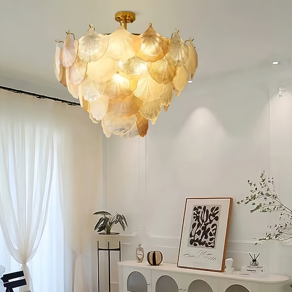 French Ginkgo Leaf Creative Ceiling Lamp Shell Glass Living Room Chandelier