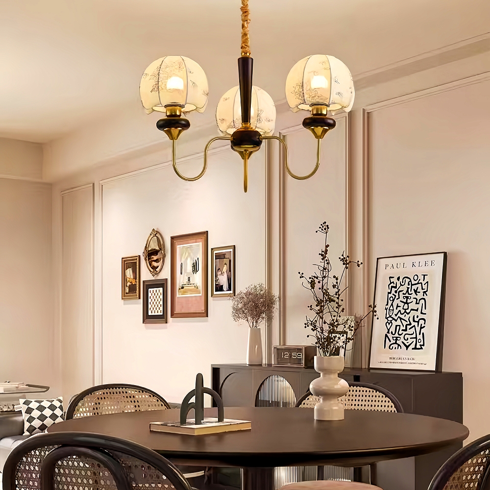 Nanyang Retro Style Fabric Patterned Walnut Multi Headed Pendant Light