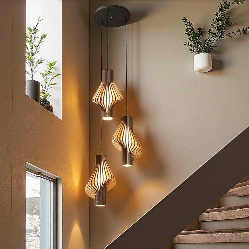 Mid-Century Curved Wood Slat Pendant Lamp