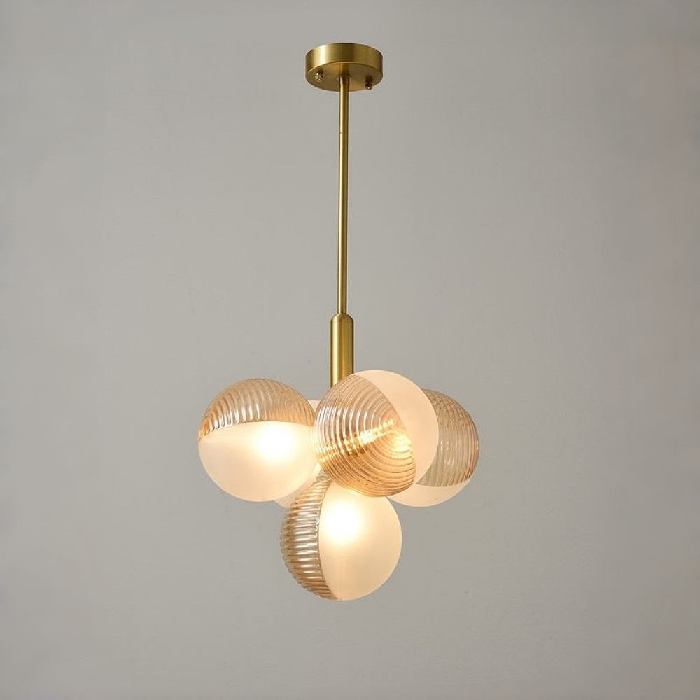 Contemporary Sculptural Ribbed Glass Globe Chandelier Brass Finish