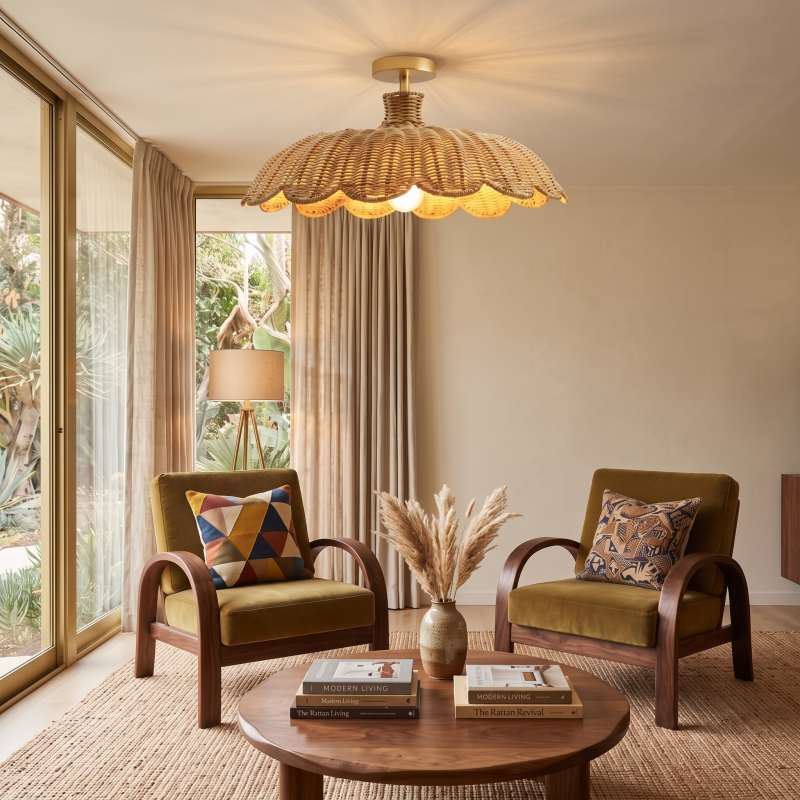 Boho Rattan Flush Mount Ceiling Light for Bedroom Hallway