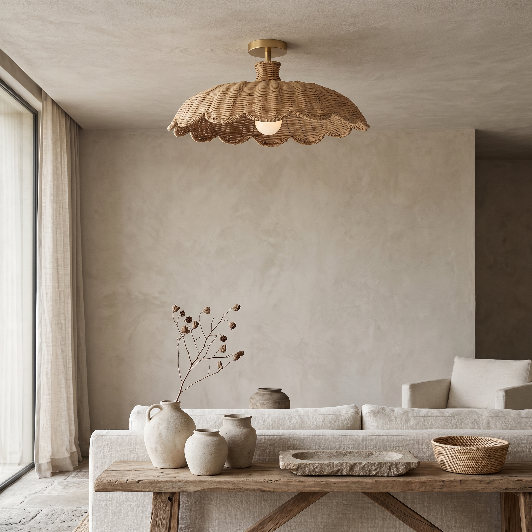 Boho Rattan Flush Mount Ceiling Light for Bedroom Hallway