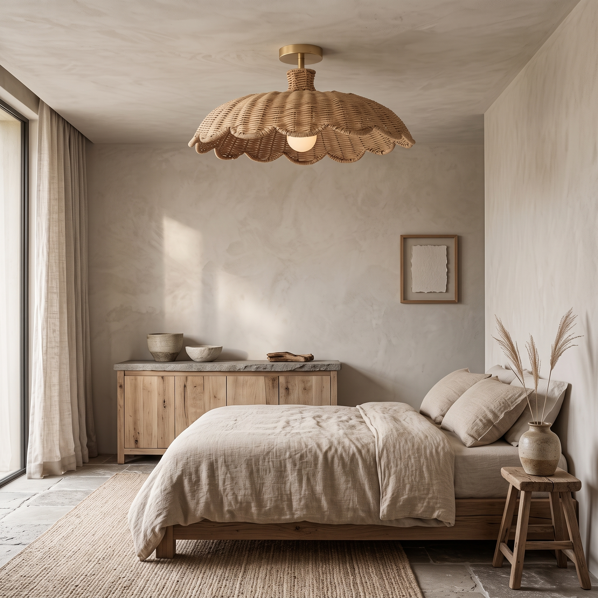 Boho Rattan Flush Mount Ceiling Light for Bedroom Hallway
