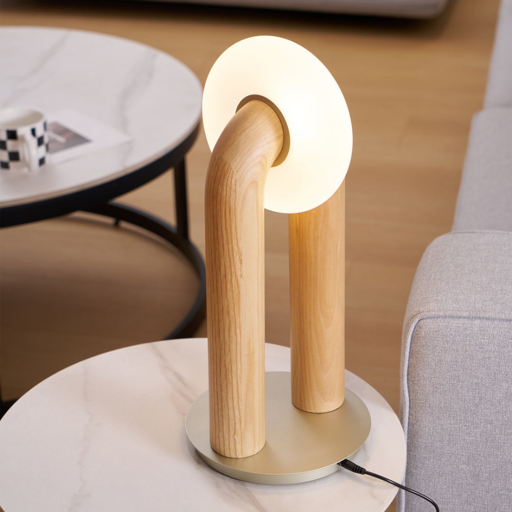 Modern Sculptural Walnut Wood U-Shaped Table Lamp with Frosted Disc