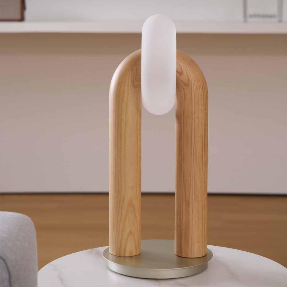 Modern Sculptural Walnut Wood U-Shaped Table Lamp with Frosted Disc