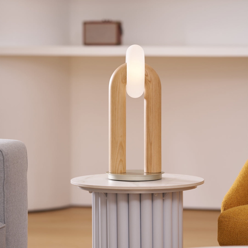 Modern Sculptural Walnut Wood U-Shaped Table Lamp with Frosted Disc