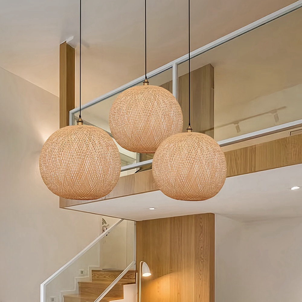 Retro Rattan Bamboo Pendant Lights Hand Woven Spherical Stairwell Lighting