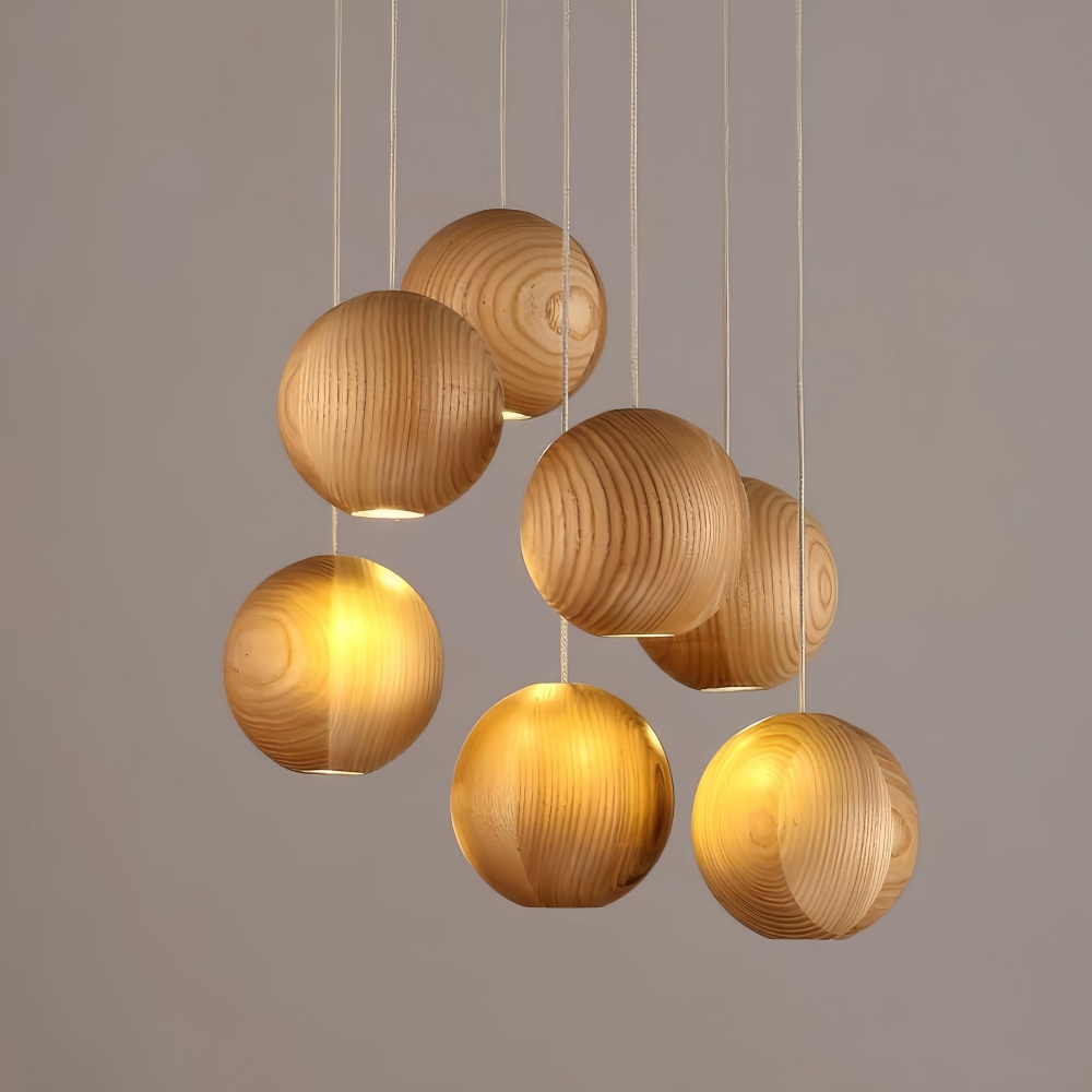 Nordic Wooden Spherical Cluster Pendant Light