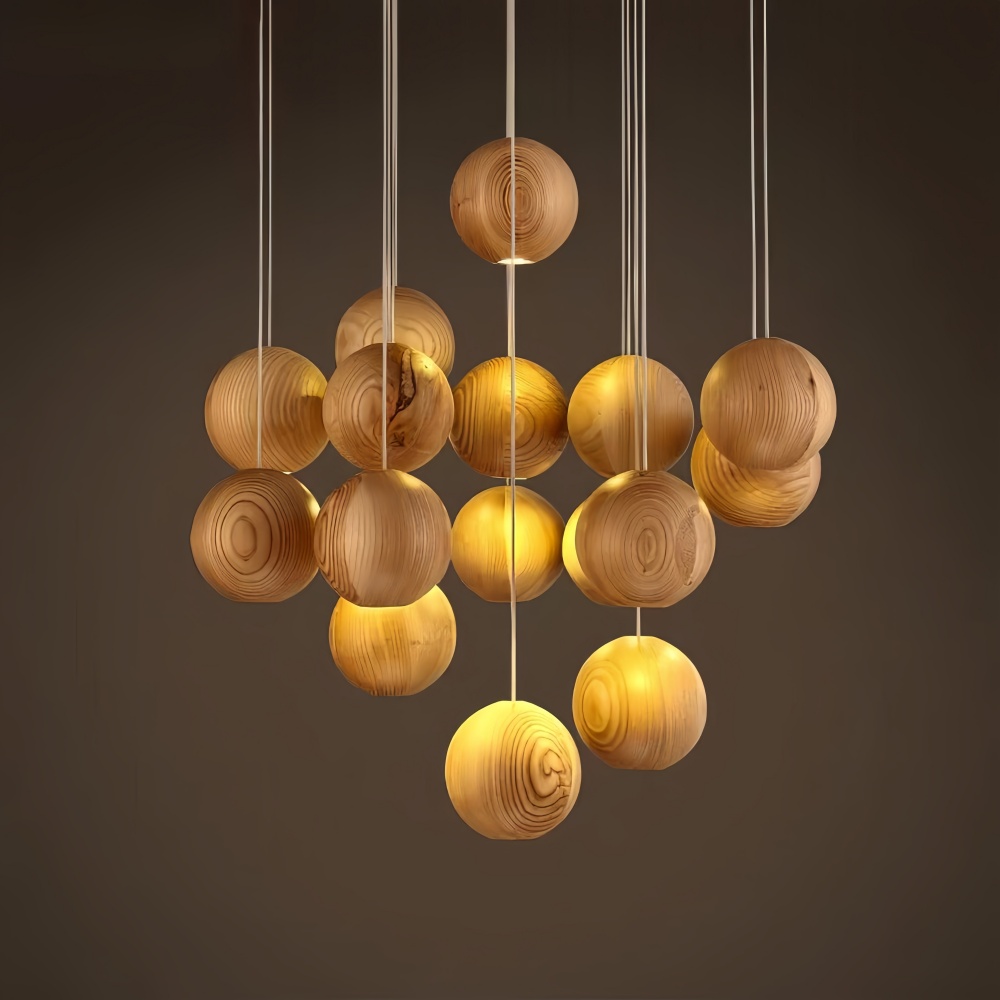 Nordic Wooden Spherical Cluster Pendant Light