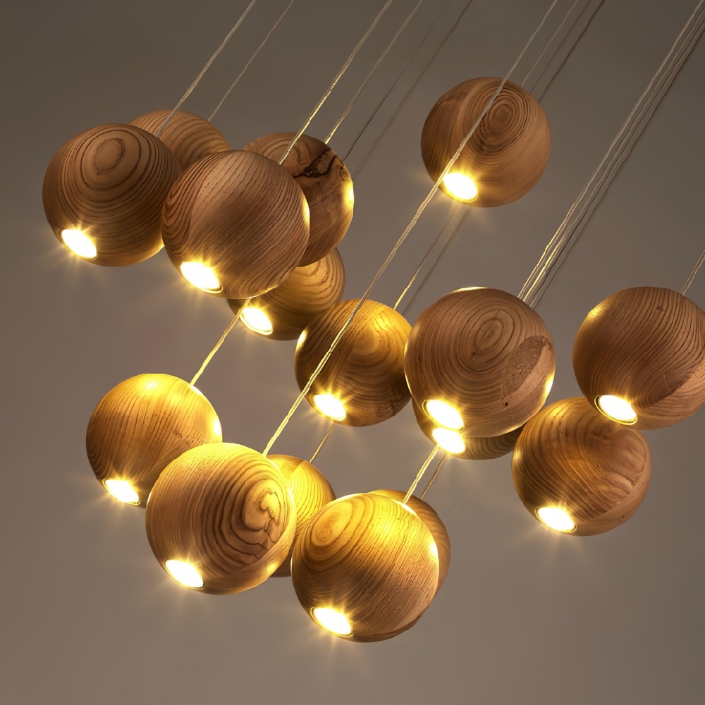 Nordic Wooden Spherical Cluster Pendant Light