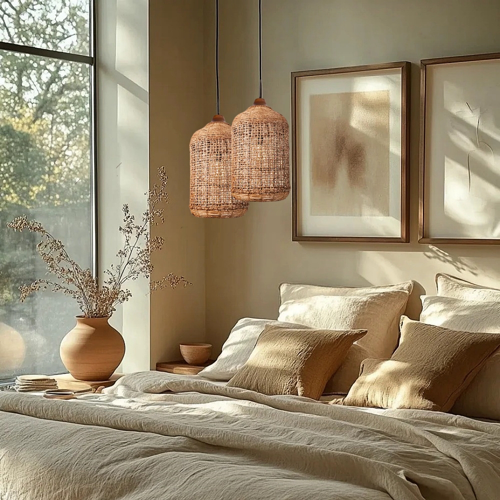 Wabi-Sabi Rattan Pendant Light Large Kitchen Island Hanging Lamp