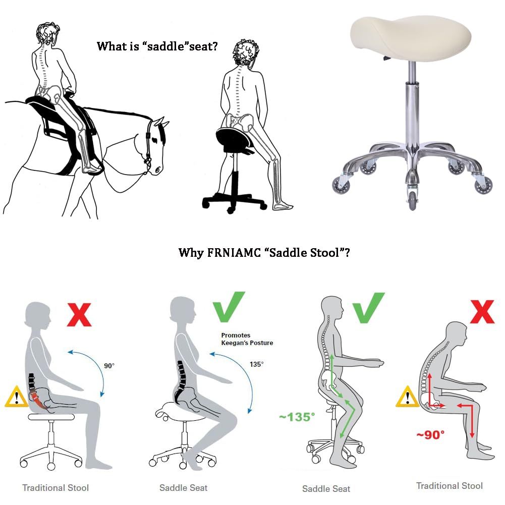 FRNIAMC Professional Saddle Stool with Wheels Ergonomic Swivel Rolling Height Adjustable