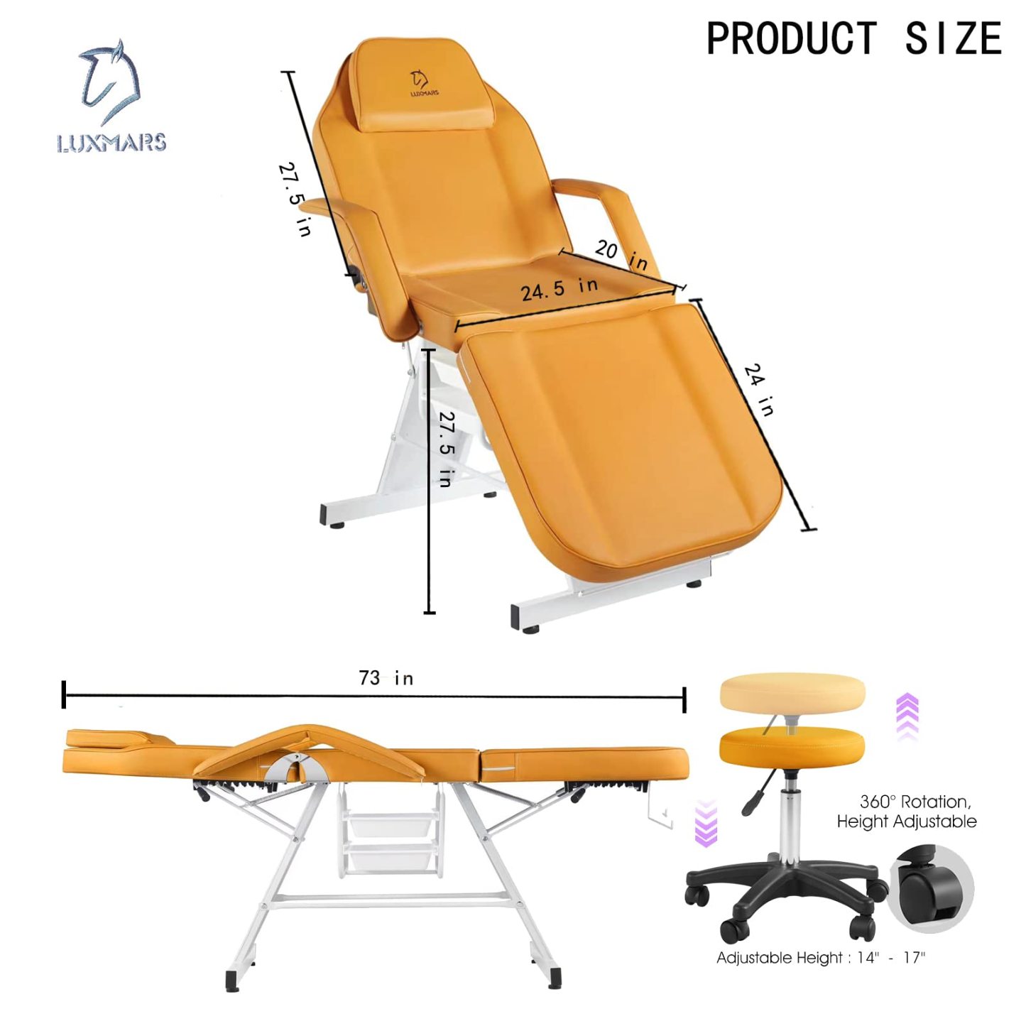LUXMARS Facial Chair, Tattoo/Salon Bed with Hydraulic Stool for Professional Massage Facial Lash Beauty Treatment Spa