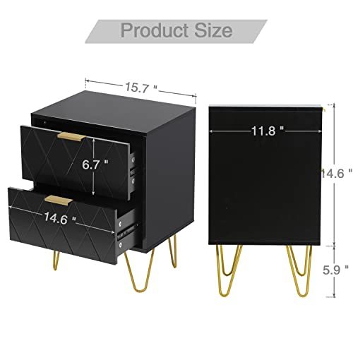 Anbuy Black Nightstand with Gold Handle, End Side Table with 2 Drawers