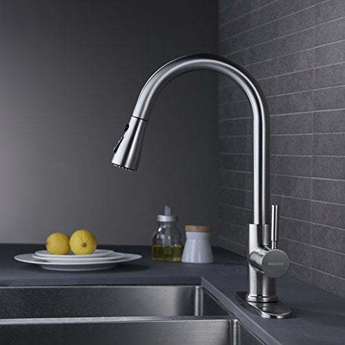 WEWE Single Handle High Arc Brushed Nickel Pull Out Kitchen Faucet, Single Level